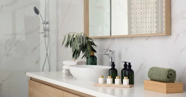 Bathroom counter with minimalist stylish sink.