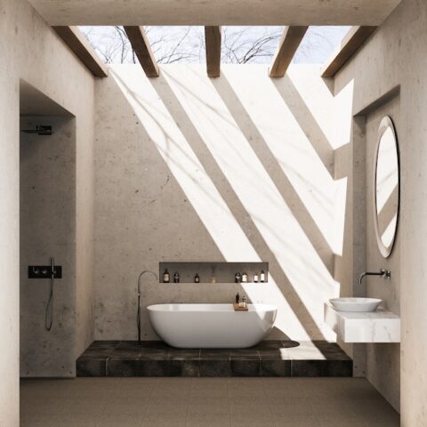 A bthroom with a translucent roof where sunlight passes through.