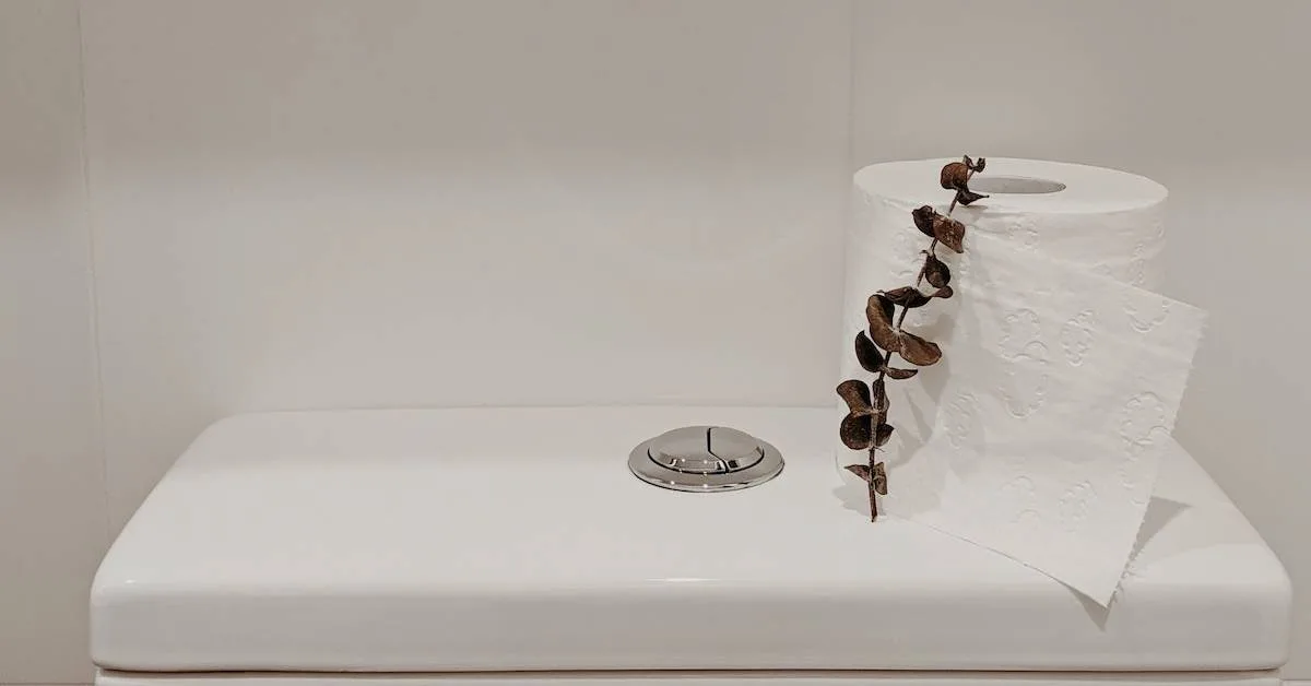 A bathroom with a dual-flush toilet for water saving.