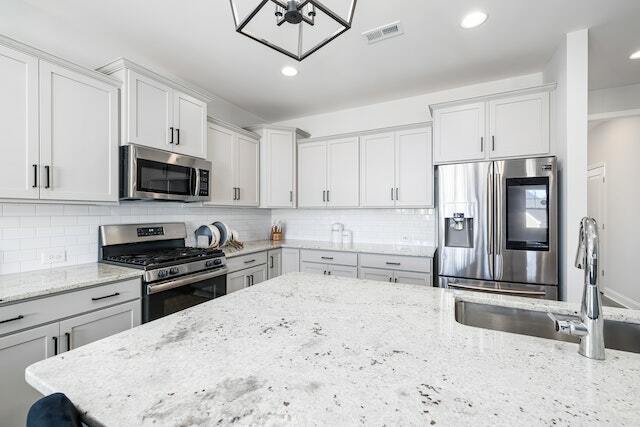 A granite countertop in a kitchen.