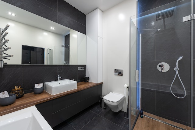 A bathroom with modern features.