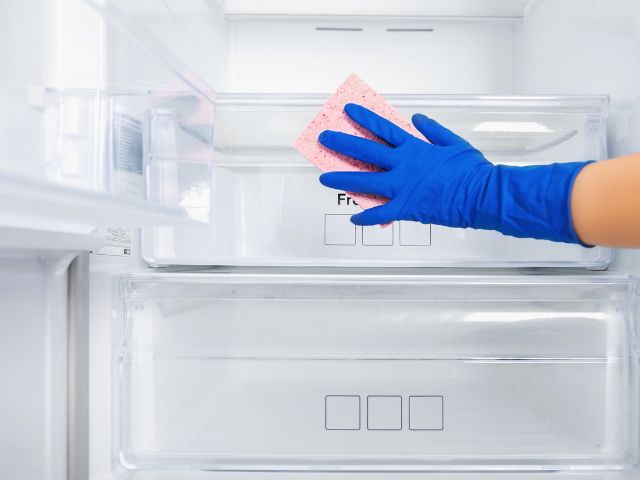 A hand with blue gloves cleaning a refrigerator thoroughly.