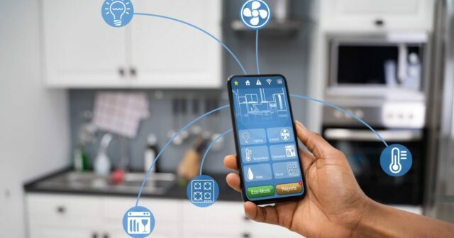 A smart kitchen that can be controlled using a smartphone.