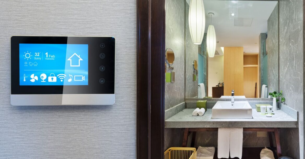 Smart screen controller in a smart home with a modern bathroom.