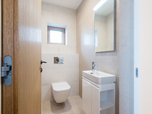 Interior design of small bathroom in a modern home.