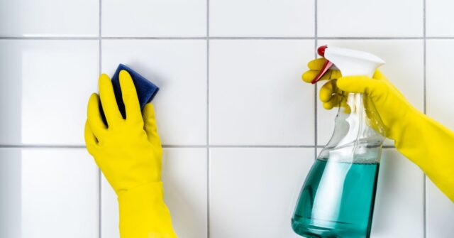 A hand cleaning wall tile grout with a sponge.