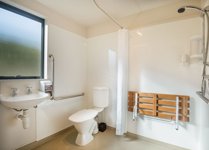 Full bathroom with toilet and shower with a flat floor and no fixed shower screen for full accessibility