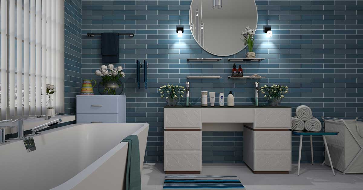Spacious bathroom design with a blue accent wall.