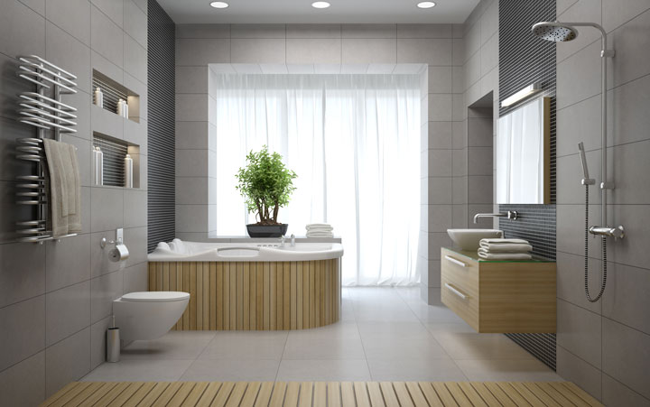Modern bathroom with a built-in bathtub, vessel sink, walk-in shower, and minimalist decor featuring wood and gray tile accents.