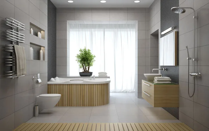 Modern bathroom with a built-in bathtub, vessel sink, walk-in shower, and minimalist decor featuring wood and gray tile accents.