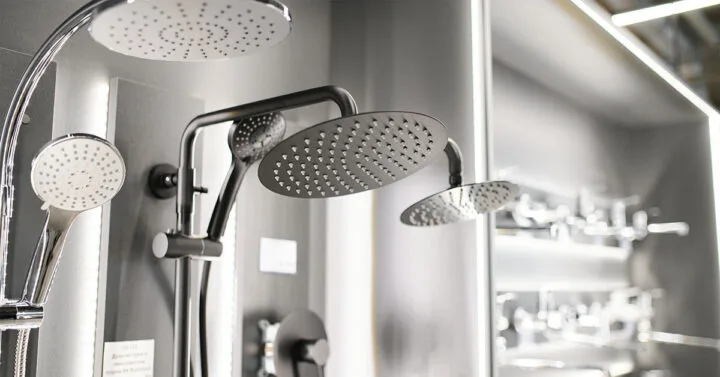 Close-up view of modern rain showerheads and handheld shower fixtures displayed in a showroom.
