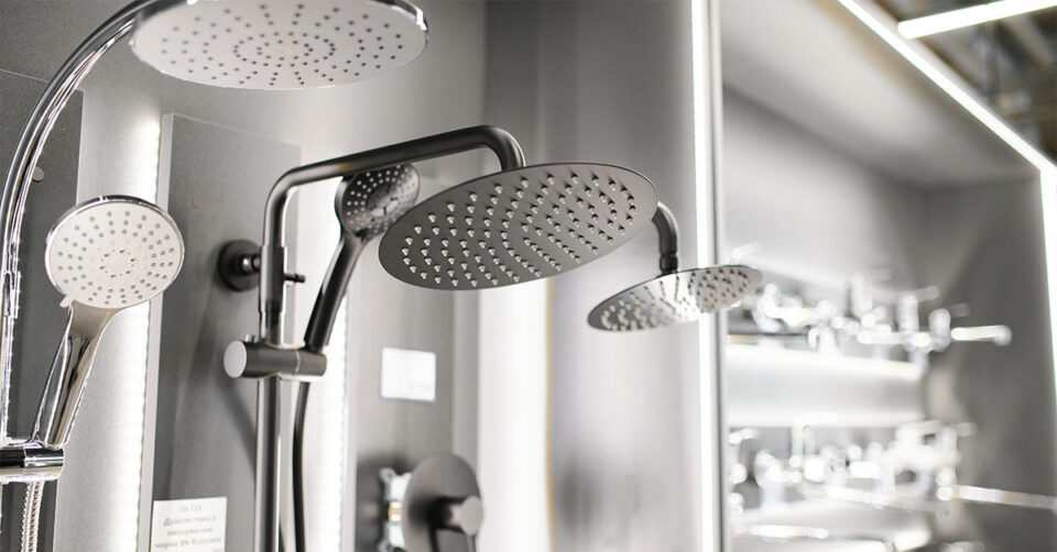 Close-up view of modern rain showerheads and handheld shower fixtures displayed in a showroom.