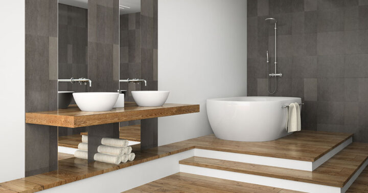 Uniquely designed bathroom room with elevated soak tub