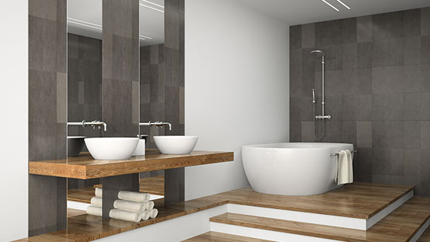 Uniquely designed bathroom room with elevated soak tub