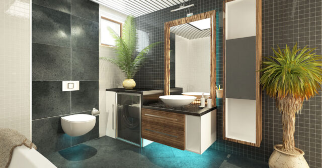 Very stylish and unique bathroom design with a mix of large and small black and white tiles.
