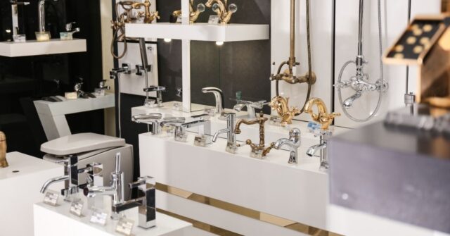 Bathroom supplier shop showing lots of faucets to choose from.