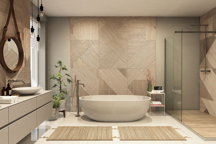 Modern bathroom featuring a freestanding tub, geometric wood accent wall, vessel sink, glass-enclosed shower, and minimalist decor.