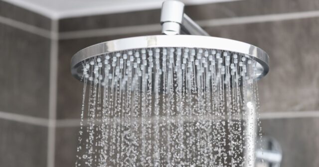 Closeup of a large shower head with water pouring out if it.