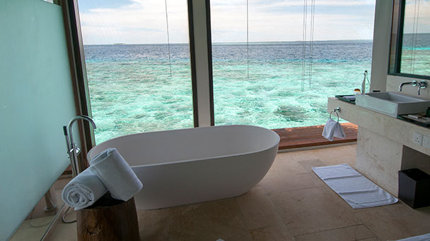 Free standing bathtub overlooking the water from a luxury bathroom
