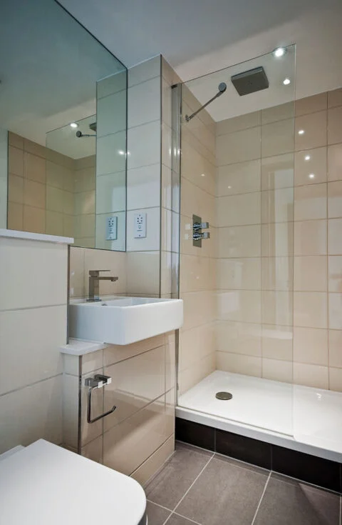 Modern bathroom with walk-in shower with a rain head installed in the ceiling, a small sink and toilet.