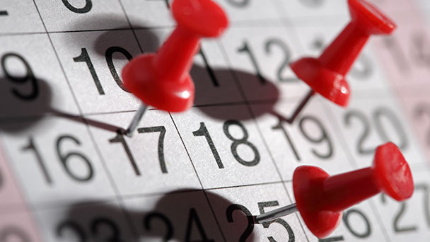 Calendar with pins on specific dates according to planned timeline