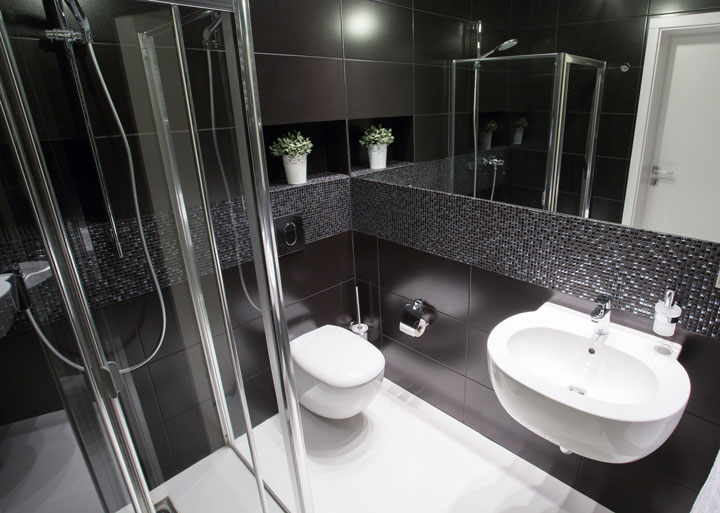 Modern black-tiled bathroom with a glass-enclosed shower, wall-mounted toilet and sink, and a horizontal mirror shelf with potted plants.